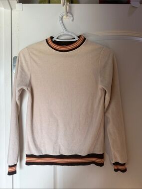 Vintage Cream Crewneck Velour Top with Striped Trim